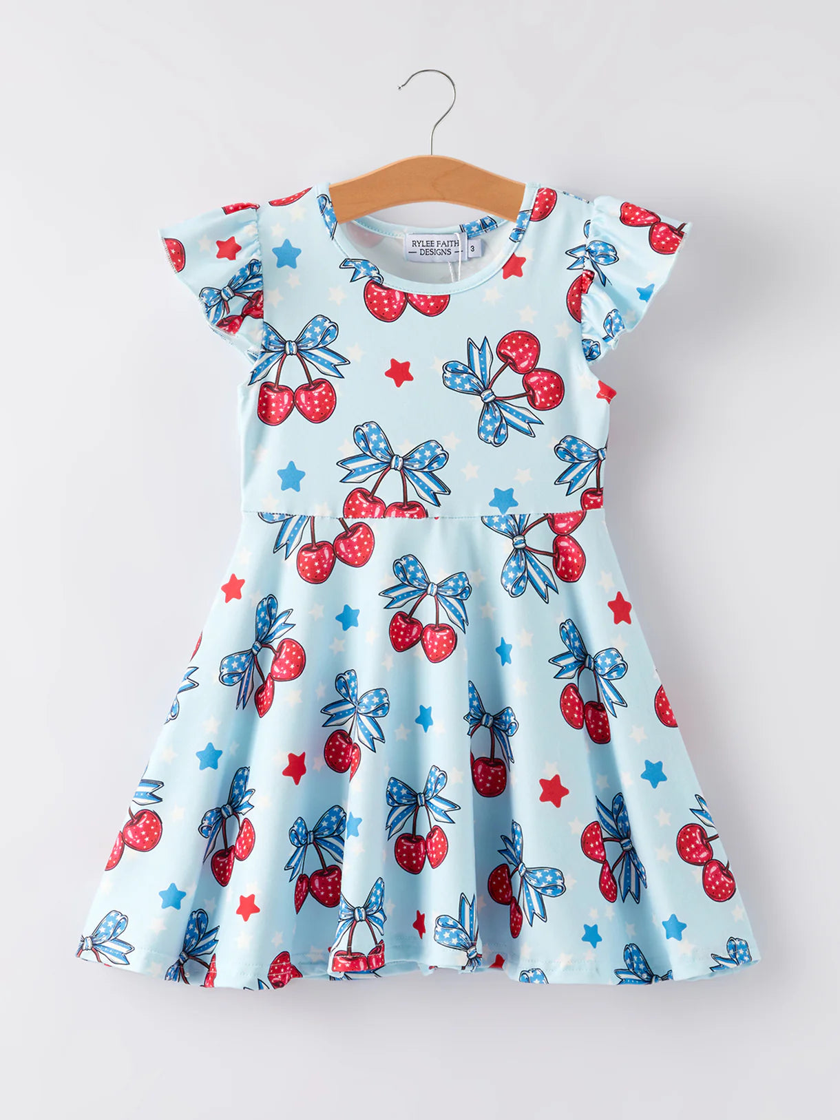 4th of July Bow Cherry Stars Print Girls Dress