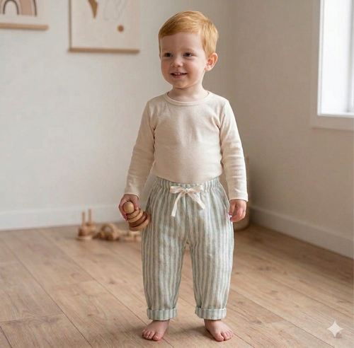 100 % Cotton Stripe Pant - Sage